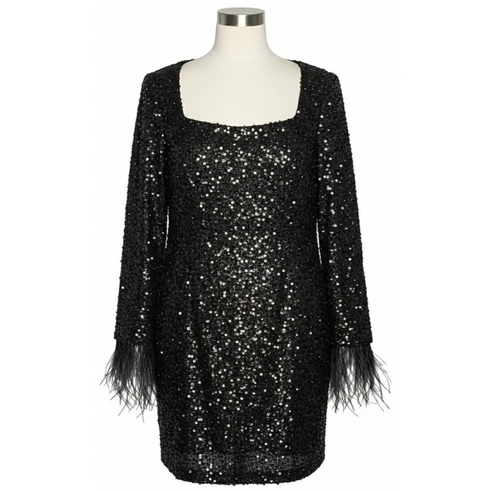 NWT Nylon Sequin Embellished Long Sleeve Feather Trim Mini Dress Black Size S‎